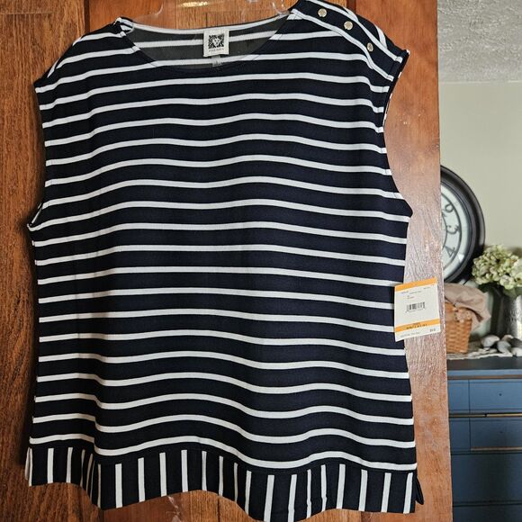 Anne Klein Navy & White Horizontal Stripe Sleeveless Pullover Top Women’s M NWT - Picture 1 of 9